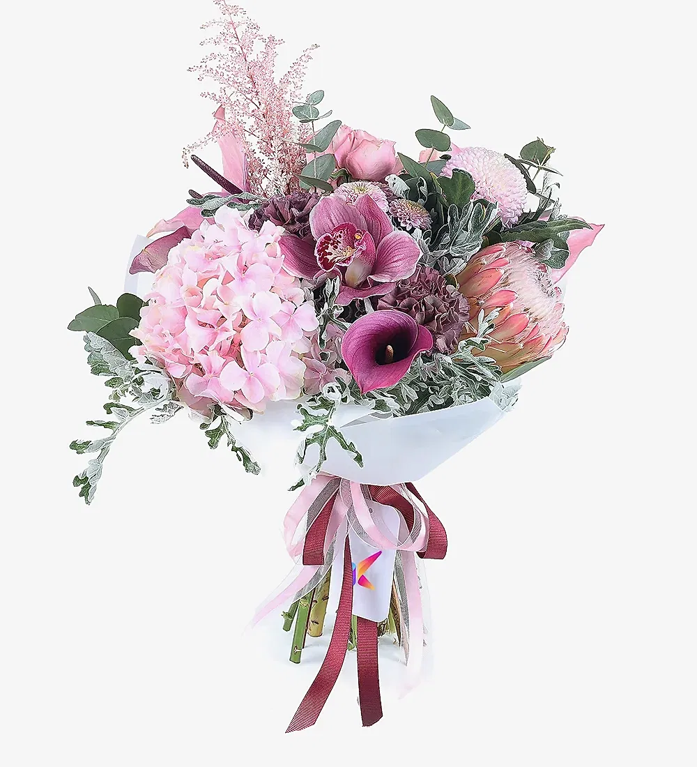 Pembe Gala, Protea, Orkide Ve Ortanca Buketi